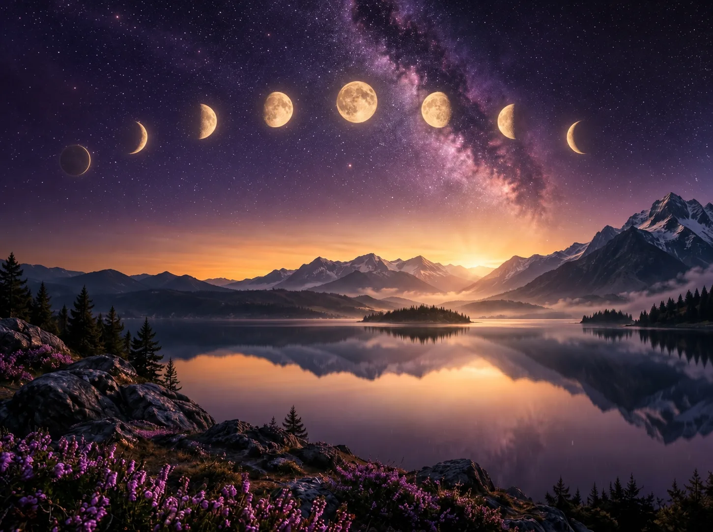 Fases lunares sobre un paisaje nocturno